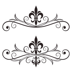 Collection of ornate fleur de lis dividers for formal document decoration classic scrollwork flourishes for royal certificate borders and vintage book layout elements in black ink vector. © MST. JANNATUL