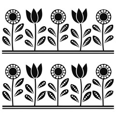 Black and white nordic folk art seamless pattern with stylized flowers and decorative border, simple floral design inspired by traditional scandinavian ornament. © MST. JANNATUL