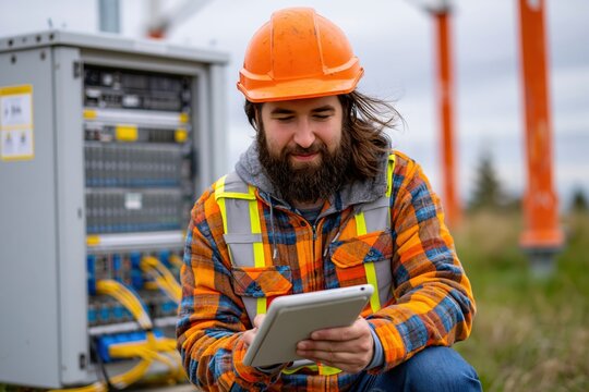 Telecom field analyst collecting sensor data at outdoor cabinet using digital tablet