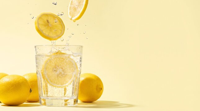Fresh yellow lemon slices falling into a clear glass of sparkling water against a soft pastel yellow studio background setting