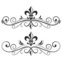 Classic fleur de lis heraldic decorative elements with elegant filigree curls isolated on white background perfect for royal branding luxury stationery vintage invitations and royal logo designs. © MST. JANNATUL