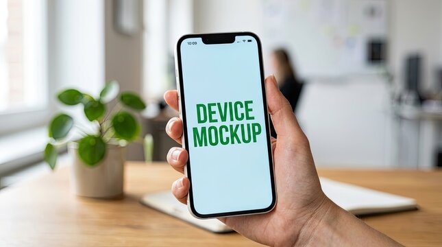 Modern phone mockup displaying a blank screen in a bright natural office setting