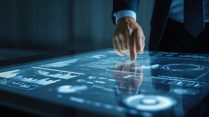 Naklejka premium Person interacting with futuristic digital data interface screen