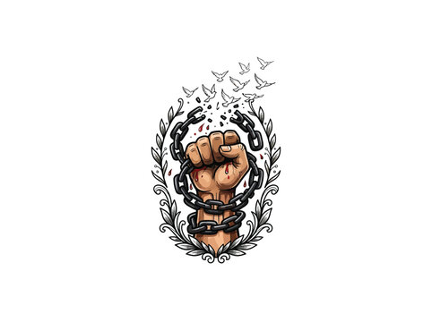 Powerful Raised Fist Breaking Free From Metal Chains With White Birds Flying Upward, Symbols Of Freedom Surrounded By Decorative Laurel Wreath, Vector Illustration