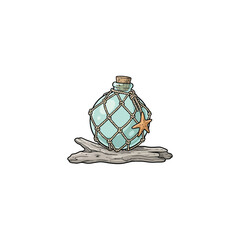 Vintage Glass Fishing Float In Knotted Rope Net With Starfish And Driftwood On A Beach Coastal Setting Vector Illustration © bibit