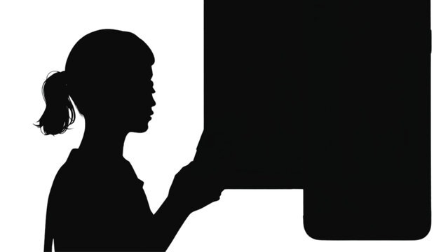 Woman touching a large vertical display screen interacts with digital information in a modern workspace setting highlighting the integration of technology and human intuition in professional.