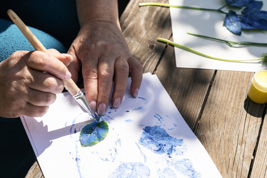 Woman hands use brush to apply blue paint to living plant leaves and laid out on white sheet of paper on wooden table, creating botanical illustration