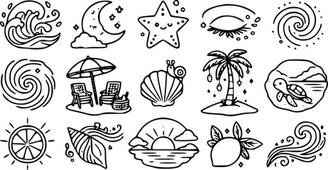 A collection of black and white vector line art illustrations featuring summer vacation themes like palm trees and ocean waves © Arun