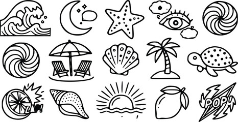 A collection of black and white vector illustration icons featuring summer beach themes like waves, seashells, palm trees, and fruit. © Arun