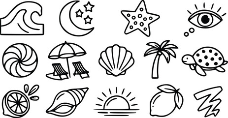 A collection of black and white vector line art icons featuring summer vacation themes and whimsical hand drawn doodle elements © Arun