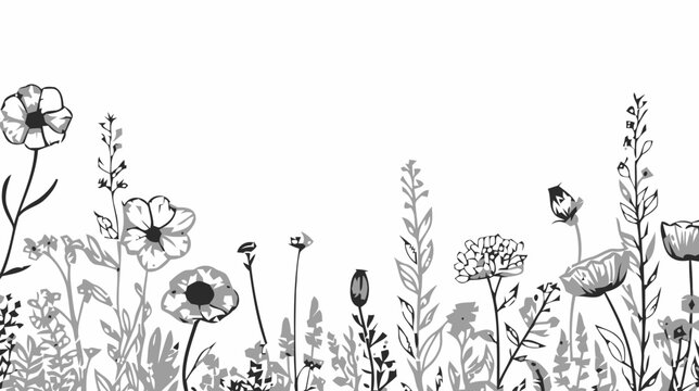 Vintage botanical illustration wildflower arrangement in black and white