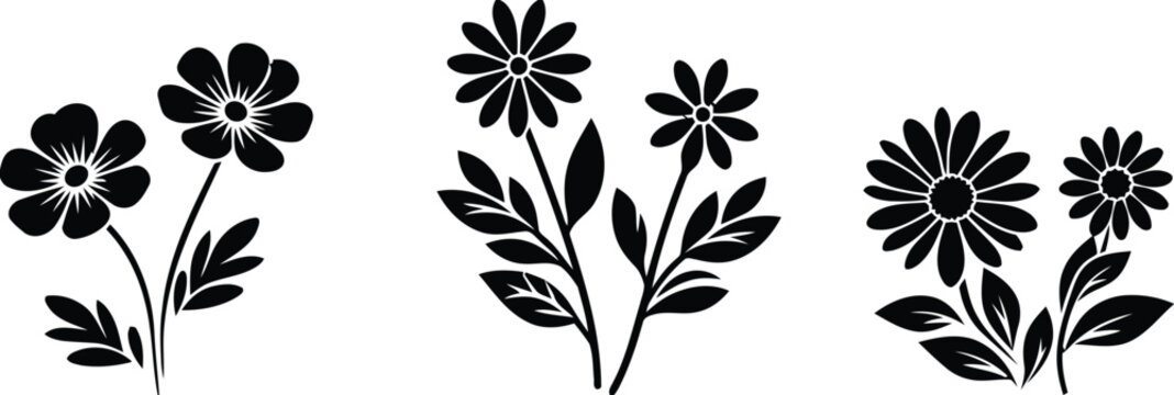 Black floral silhouettes wildflower collection for design projects