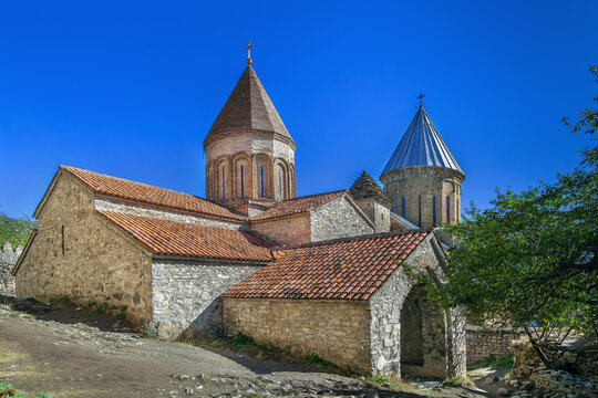 Ananuri Fortress churches in Georgia view from the inner courtyard. Sunny day with bright blue sky