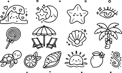 Fototapeta premium A collection of cute summer themed vector graphic icons featuring hand drawn black and white doodles for creative design projects