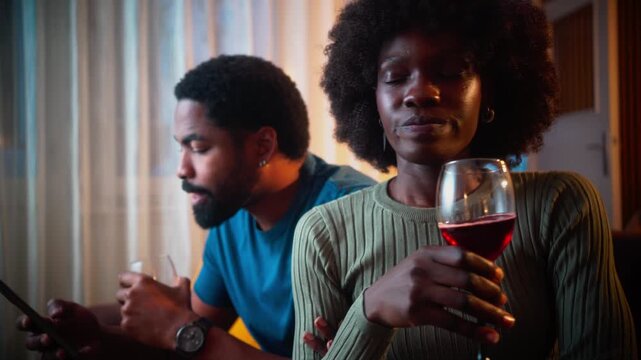 Frustrated woman ignored by husband addicted to smartphone at home relationship conflict