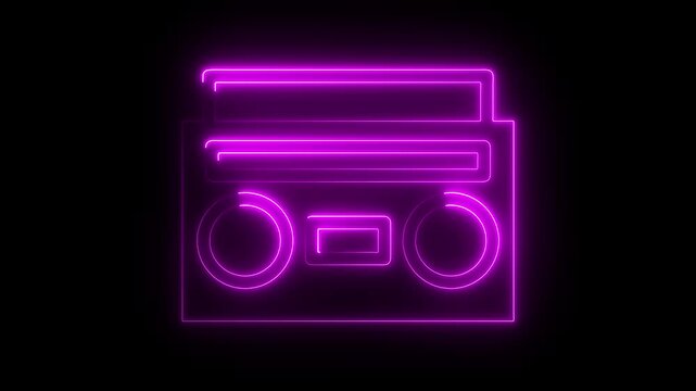 Neon cassette on reflective wet floor, lights up and goes out. Cassette animation. Loop. Retro tape recorder cassettes neon sign, light banner colorful, vibrant