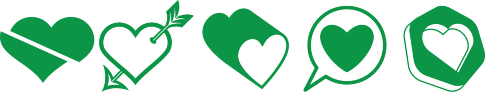 Set of five green heart icons with different styles