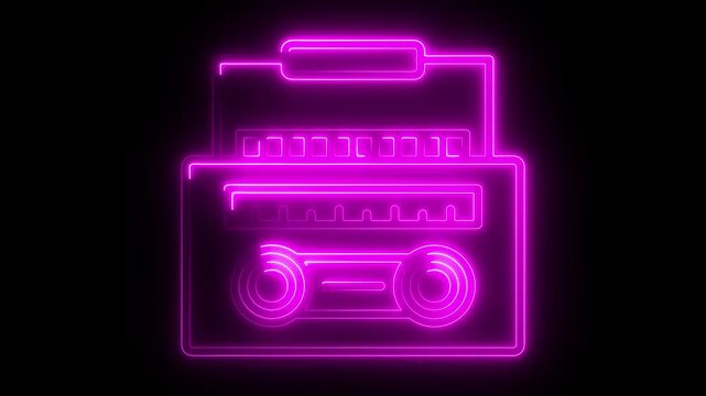 Neon cassette on reflective wet floor, lights up and goes out. Cassette animation. Loop. Retro tape recorder cassettes neon sign, light banner Glowing neon radio icon 