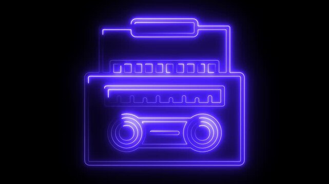 Neon cassette on reflective wet floor, lights up and goes out. Cassette animation. Loop. Retro tape recorder cassettes neon sign, light banner colorful, vibrant, reflective