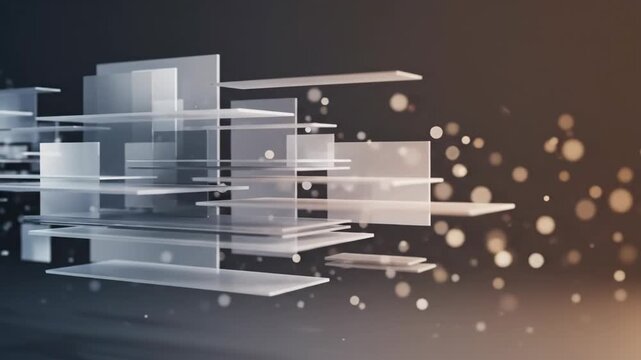 Abstract 3D Geometric Glass Rectangles Floating with Soft Bokeh Light Particles Background
