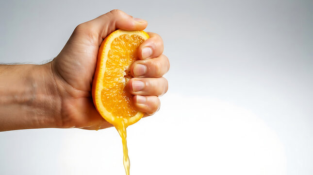 Hand squeezing halved orange for juice citrus