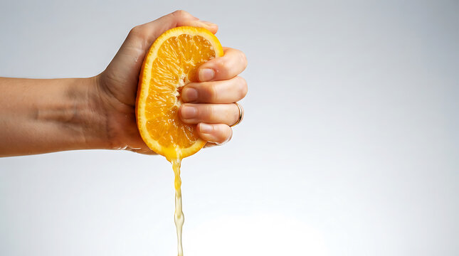 Hand squeezing juicy orange halves, citrus extraction