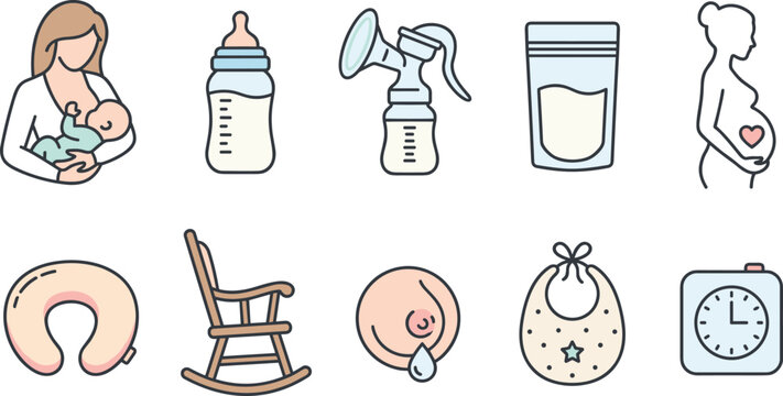 Motherhood and Breastfeeding Line Icon Set with Baby Feeding Pregnancy Nursing Accessories and Infant Care Symbols