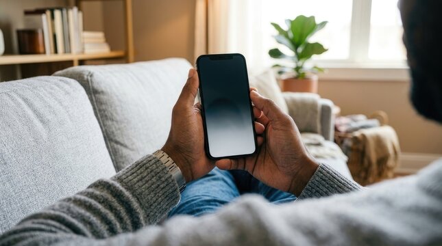 Realistic phone mockup person relaxing with smartphone displaying blank screen at home