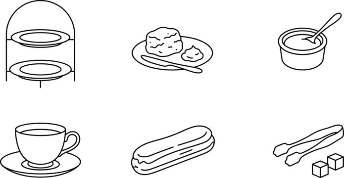 Minimalist luxury high tea icon set, line art teacup cake stand eclair outline vector