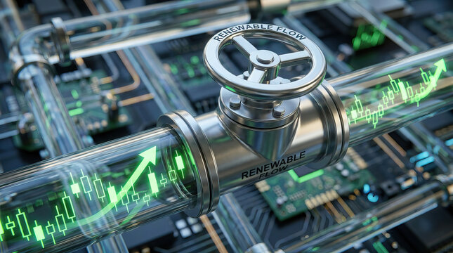Digital valve glass pipe green chart finance growth energy flow market trend industrial system metal valve pipeline network data signal