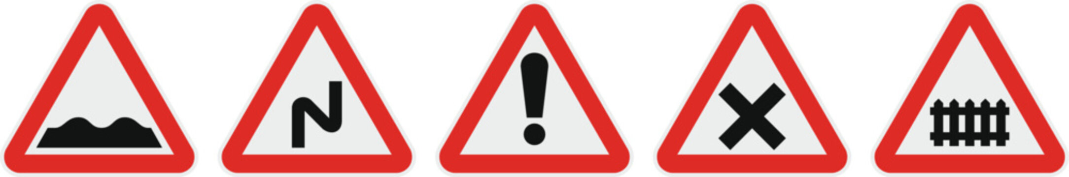 Set of five warning road signs in red triangles