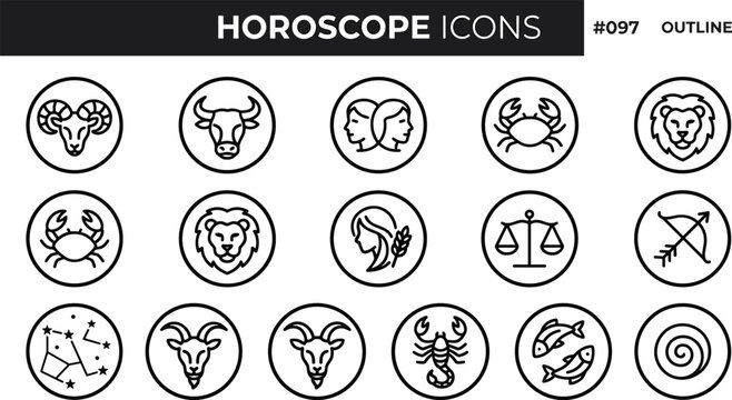 Horoscope zodiac symbols line icons collection set with circle frames for astrology and future forecasting charts