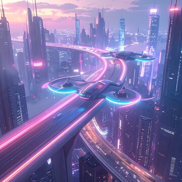 Futuristic cityscape with flying vehicles on neon highways