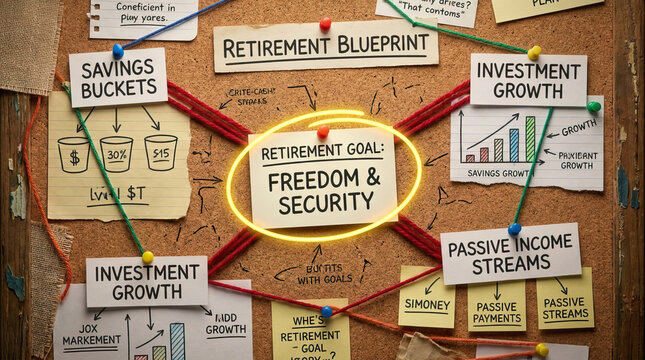 Retirement blueprint board with savings bucket, investment growth, passive income stream, and freedom security goal on cork board