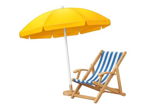 Yellow beach umbrella and striped deck chair isolated on transparent background