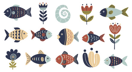 Collection of stylized fish and floral elements in a folk art style. © Welas