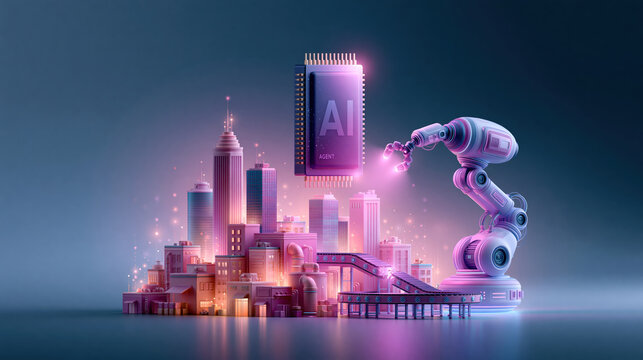 Ai agent business futuristic cityscape with robotic arm and glowing chip inspiring innovation