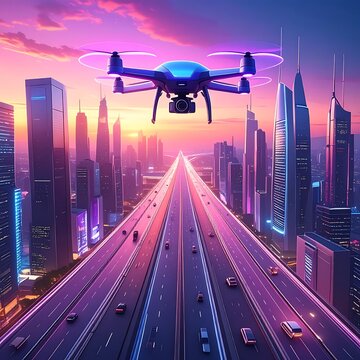 Futuristic drone surveys glowing highway cityscape