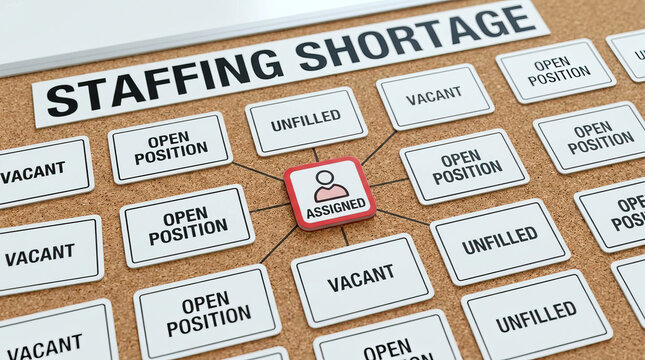 Staffing shortage board with vacant position and unfilled role labels, assigned center marker on cork board, workforce planning concept