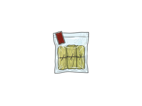 Hand Drawn Style Depiction Of A Vacuum Sealed Bag Containing Tamales With An Attached Salsa Packet For Meal Preparation And Food Storage Visualization, Vector Illustration