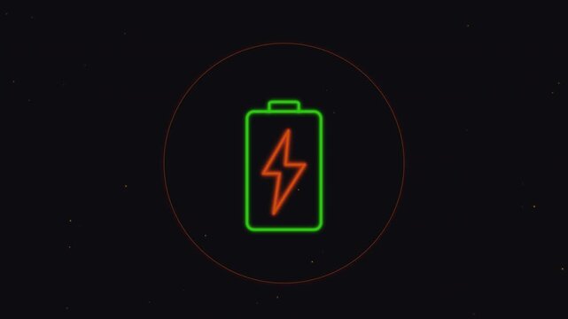 Motion of a Charging Battery Icon in Neon Style for Technology and Power Concept.