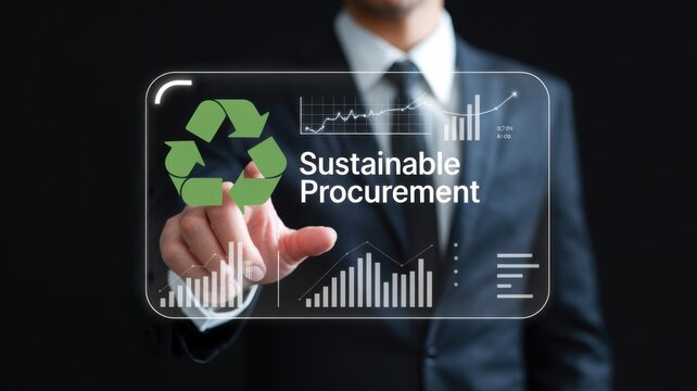 Business professional holding tablet with sustainable procurement hologram display