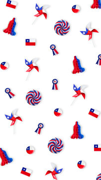 Chilean patriotic celebration 8K vertical background 9:16 for mobile wallpapers, seamless pattern featuring traditional national flags, paper pinwheels, and tricolor rosettes on white backdrop