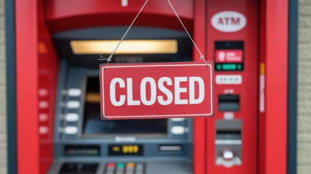 Closed Atm Machine With Out Of Service Sign Hanging On Red Bank Terminal