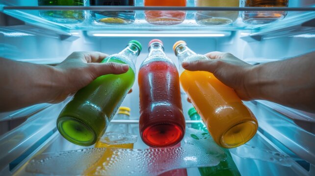 Hand holding colorful plastic bottles in icy water for refreshment display