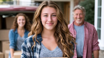 Obraz premium Young female college student moving her stuff out of home to a college dorm with her smiling parents in the background 