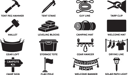 Camping gear essentials: tent peg hammer, stakes, mallet, gear loft, storage tote, and more tent stake © hosneara_studio