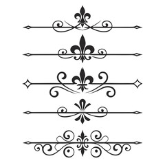 Set of five decorative horizontal line dividers with fleur de lis and ornate swirl elements elegant vintage borders for invitations and page layouts classic graphic design elements. © Sobur
