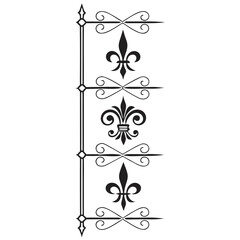 Sophisticated vertical divider line set with fleur de lis icons and ornate decorative swirls for elegant page breaks and document framing in luxury classic publishing and stationery print designs. © Sobur