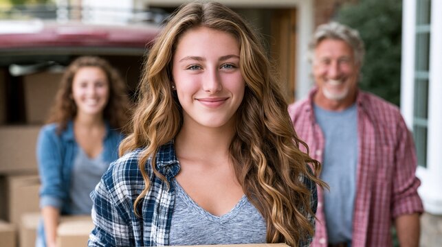 Young female college student moving her stuff out of home to a college dorm with her smiling parents in the background	
